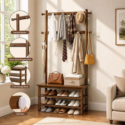 Hall Tree, 3-in-1 Entryway Bench with Coat Rack, 11 Hooks and 2-Tier Hall Tree with Shoe Storage Bench, Solid Wood Coat Rack Freestanding, 27.2" Long