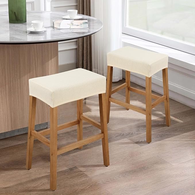 YISUN Stool Covers Rectangle - 2 Pack Stretch Waterproof Saddle Seat Cover Counter Bar Stools Bar Chairs Covers Kitchen Island Chairs Cushion Protector (2, Beige)