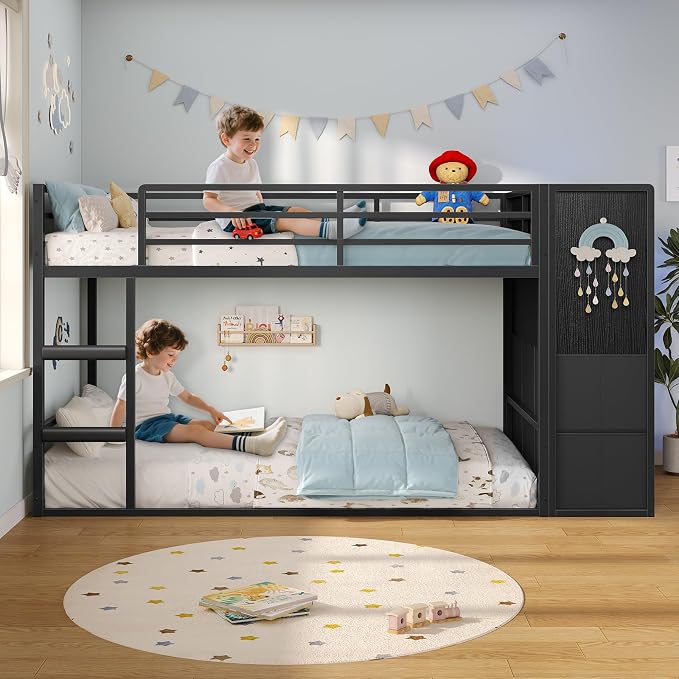 BTHFST Twin Over Twin Bunk Bed with Storage Drawers & Open Storage Shleves with LED Lights, Metal Black Low Bunk Bed Safety Ladder and 13.4" H Guardrail, Space Saving