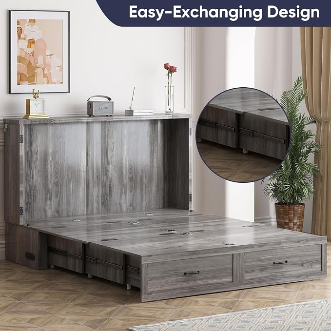 ijuicy Queen Murphy Cabinet Bed, Storage & Charge, No Mattress, Grey | Queen Murphy Bed Built-in multifunctional charging station & storage drawers, space-saving foldaway design for guest room.