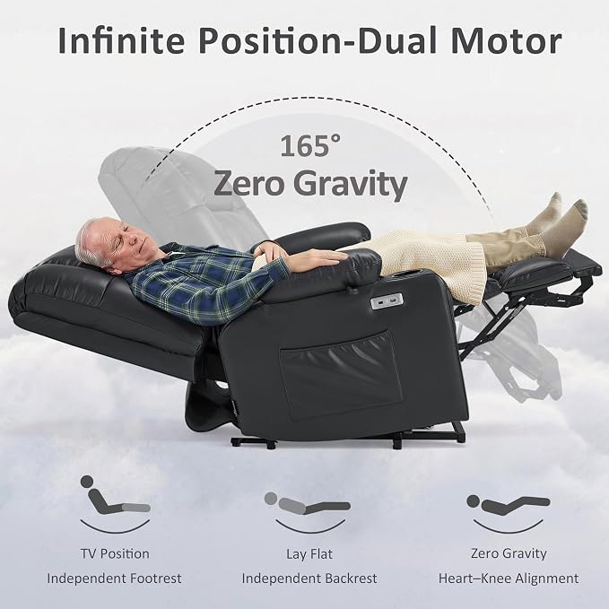 MCombo Dual Motor Power Lift Recliner Chair for Elderly, Lay Flat Lift Chair with Heat and Massage, Oversized Lift Recliner for Big and Tall, Faux Leather R7891 (Black, Large-Wide)