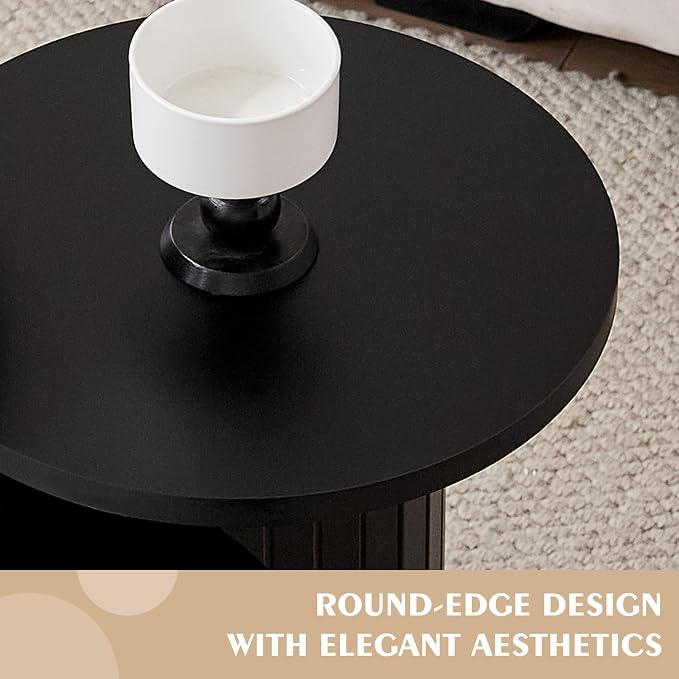 Round Side Tables Set of 3, Circle Modern Fluted Nesting Coffee Table, Accent End Table Set for Living Room and Bedroom, Black