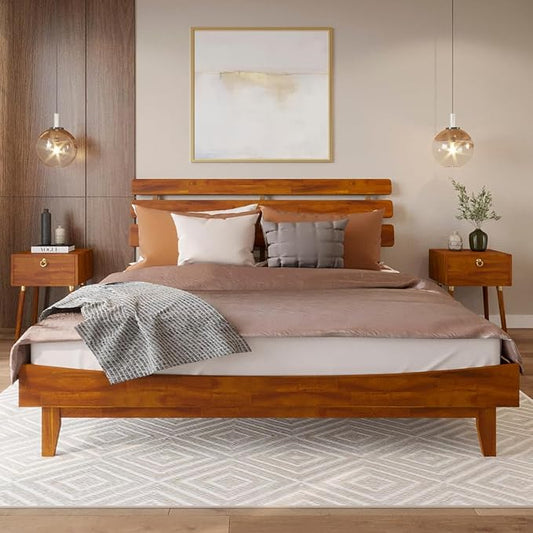 Bme Caden 15 Inch Deluxe Bed Frame with Adjustable Headboard - Mid Century, Retro Style with Acacia Wood - No Box Spring Needed - 12 Strong Wood Slat Support - Easy Assembly - Caramel, King