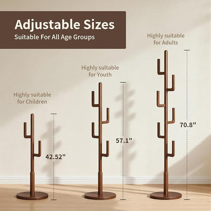 Coat Rack,Solid Wood Cactus Freestanding Coat RackWith 6 L-Shaped Hooks and 3 Adjustable Sizes,Coat Tree for Bedroom, Entryway, Livingroom, Coat Hanger Stand for Coats, Handbags (Walnut)