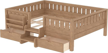 Bellemave Full Size Kids Bed with high Rails and with Built-in Bookshelf and Drawers for Kids, Girls, Boys, Wood Montessori Bed Without Door, Natural