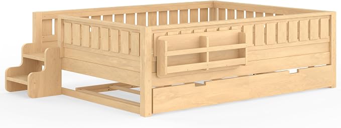 Bellemave Queen Size Kids Bed with high Rails and with Built-in Bookshelf and Trundle for Kids, Girls, Boys, Wood Montessori Bed Without Door, Light Natural