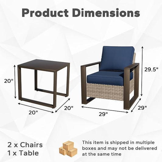 Joyside Outdoor Patio Chairs, 3 Pieces Wicker Rattan Furniture Set, 2 Patio Chairs and 1 Table, Metal Wide Armrest, Thick Cushions and Deep Seating for Garden, Backyard, Porch, Deck