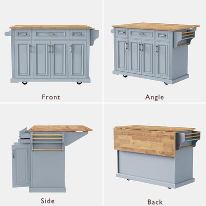 Large Kitchen Island with Rubber Wood Top Drop Leaf, 54" Rolling Kitchen Storage Cart on Wheels with Embossed Texture, Door Cabinet, Drawers, Spice Rack & Towel Rack for Dining Room, Grey + Blue