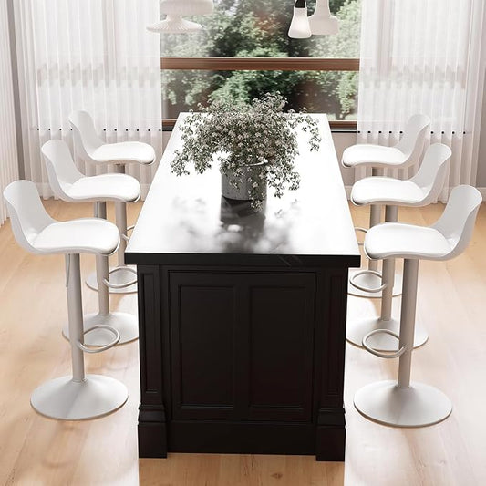 Kidol & Shellder Bar Stools Set of 6 Adjustable Counter Height Stools Modern PU Leather Swivel with Back Barstools Upholstered Kitchen Island Chairs（White）