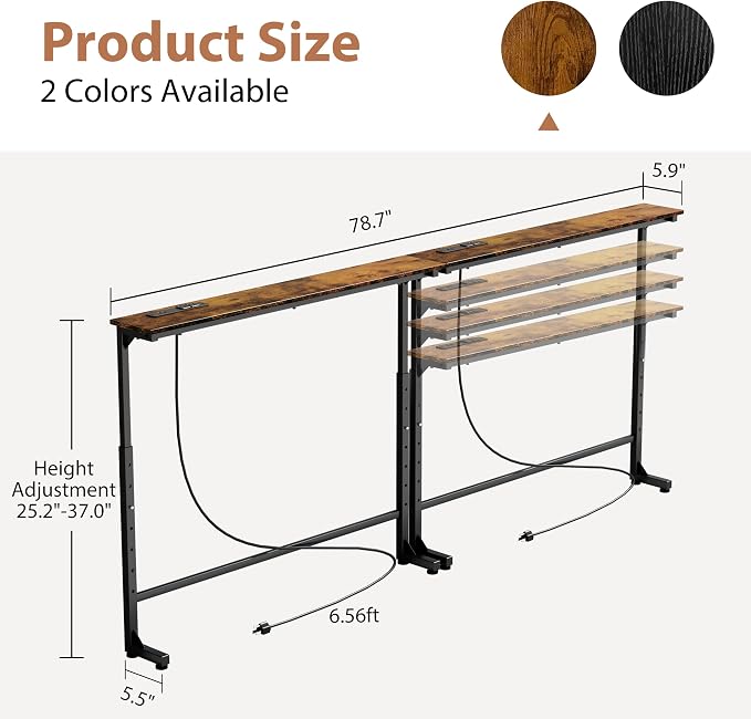GRLEAF 2 Pack Adjustable Height Narrow Console Table with Power Outlets, 78.7" Long Sofa Table with Charging Station Behind Couch Table Entryway Table for Living Room and Hallway – Rustic Brown