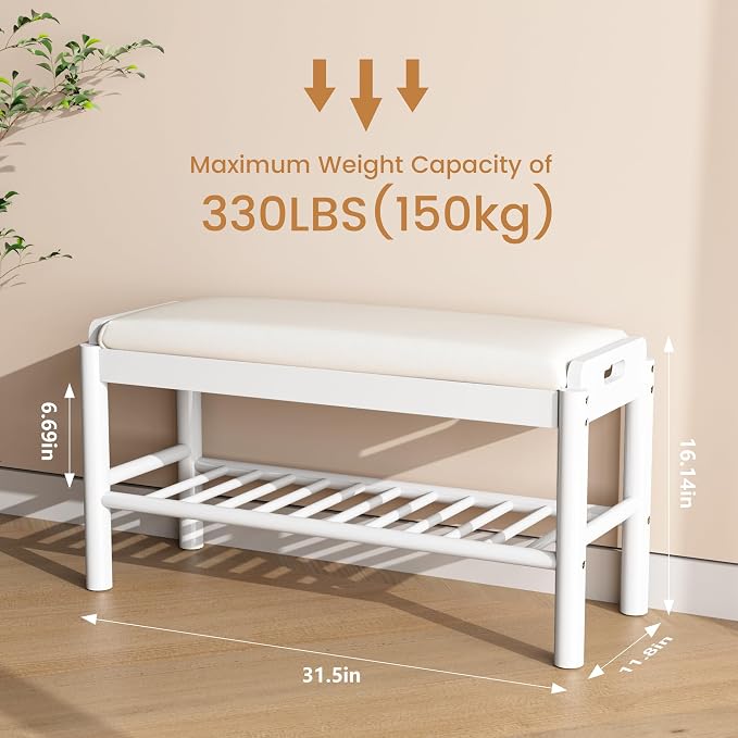 Entryway Shoe Storage Bench, 2-Tier Wood Shoe Rack with Cushion, Padded Seat Entryway Organizer with Shelf & Hidden Storage for Entry, Hallway, Living Room, Bedroom, Closet (White, 31.5")