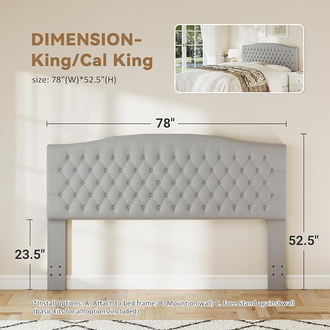 King Headboard Only, Velvet Classic Tufted Design, Silver Gray | 2 installation options: 1.bed frame mount 2.wall mount (for adjustable bed), Classic hand-tufted headboard king size