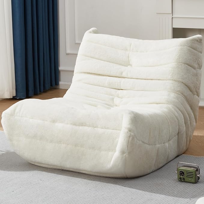 Hobestluk Adults Bean Bag Chair Faux Fur BeanBag Couch for Living Room | White Plush,Ergonomic Design,Memory Foam,UltraSoft,Anti-slip Bottom,No Assembly Required,Decorative Style for Living Room