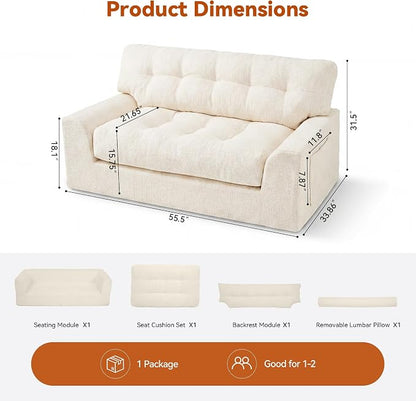 MONVANE 55.5" Convertible Loveseat Sofa, Comfy Chenille Cloud Couch with Storage Pocket, Modern Deep Seat Boneless Couch, 2 Seater Sofa for Living Room, No Assembly Required, Beige
