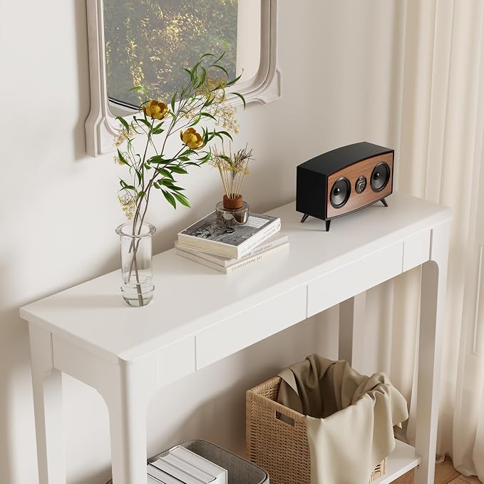 AQIMUELE Wood Console Table with Drawers, Mid Century Modern Console Table Walnut for Entryway, Living Room, Hall Way.