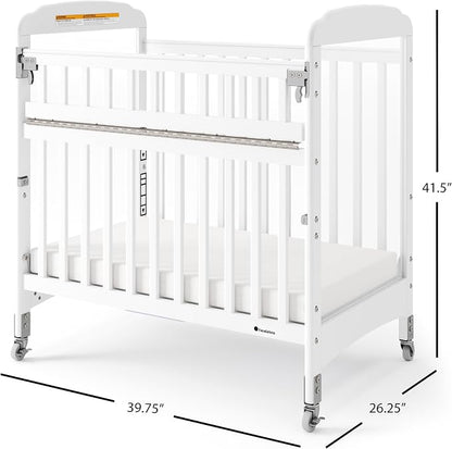 Foundations Serenity SafeReach Clearview Crib, White, Adjustable Mattress Board, Compact Wooden Baby Crib, Clear End Panels for Child Visibility, Includes 3” Foam Mattress
