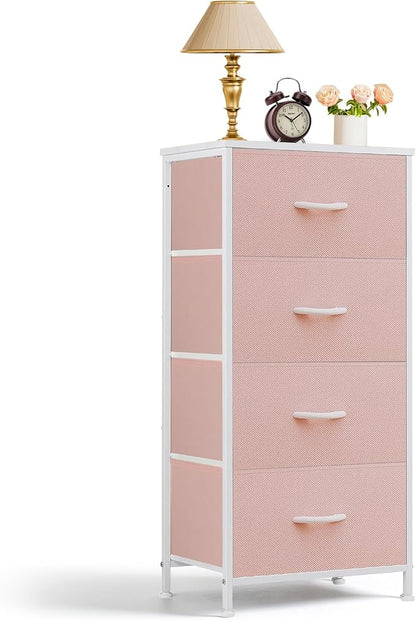 4 Drawers Dresser for Bedroom, Fabric Storage Tower Organizer with Wooden Top and Steel Frame, Tall Chest of Drawers for Closet, Entryway, Dorm, Pink