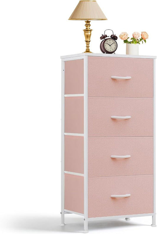 4 Drawers Dresser for Bedroom, Fabric Storage Tower Organizer with Wooden Top and Steel Frame, Tall Chest of Drawers for Closet, Entryway, Dorm, Pink