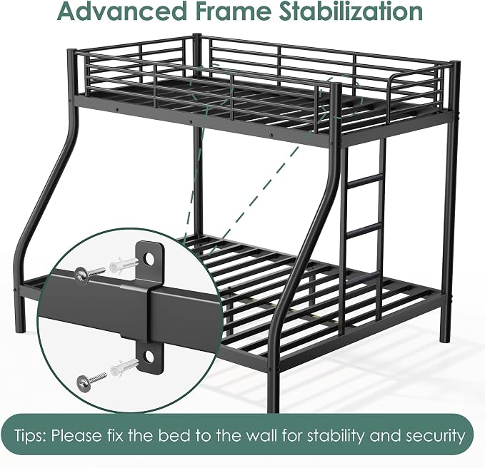 Twin XL Over Queen Bunk Bed Size, Heavy Duty Bunk Beds with Bottom Space & Guardrail Metal Bunk Bed Frame for Adults Dorm Bedroom Guest Room, No Box Spring Needed（Upgrate Black）