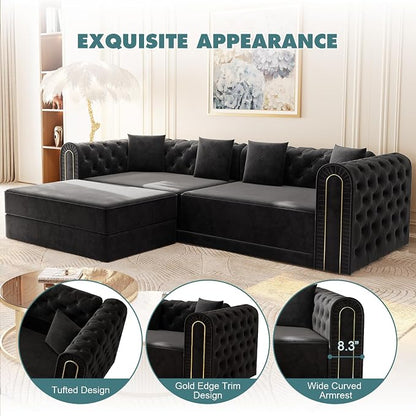 90.6'' Velvet Folding Floor Sofa Bed - 3-in-1 Convertible Sleeper Couch with Ottoman, Button Tufted Gold Edge Trim Chesterfield Sofa, Pull-Out King Size Couch Bed for Apartments, Living Room, Black | 3-in-1 Convertible