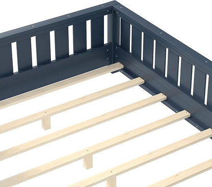 Bellemave Full Size Floor Bed with Slats and Guardrails, Full Size Montessori Floor Bed with Bookcase and Fence, Low Profile Montessori Beds for Kids, Blue Floor Beds Frame
