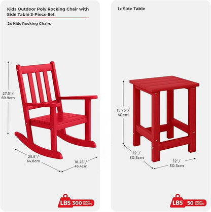 Costaelm Paradise Kids 3-Piece Outdoor HDPE Plastic Square Side Table and Rocking Chairs Set, Red