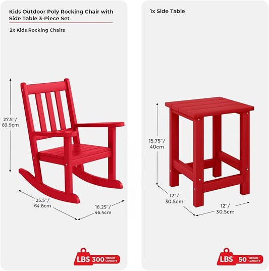 Costaelm Paradise Kids 3-Piece Outdoor HDPE Plastic Square Side Table and Rocking Chairs Set, Red