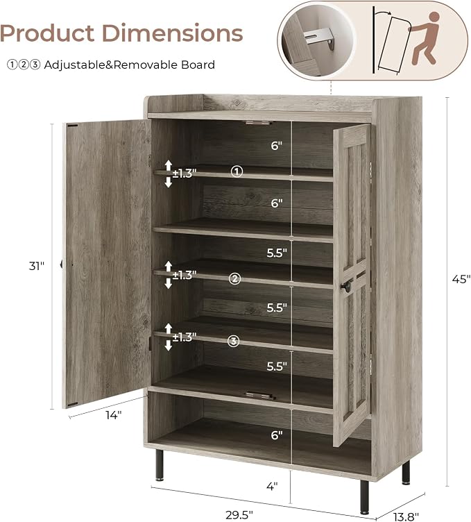 Shoe Storage Cabinet with 2 Doors, 6-Tier Shoe Cabinet with 3 Adjustable Shelves and Metal Legs, 45'' Tall Shoe Rack Organizer Cabinet for Entryway, Front Door, Gray Wash