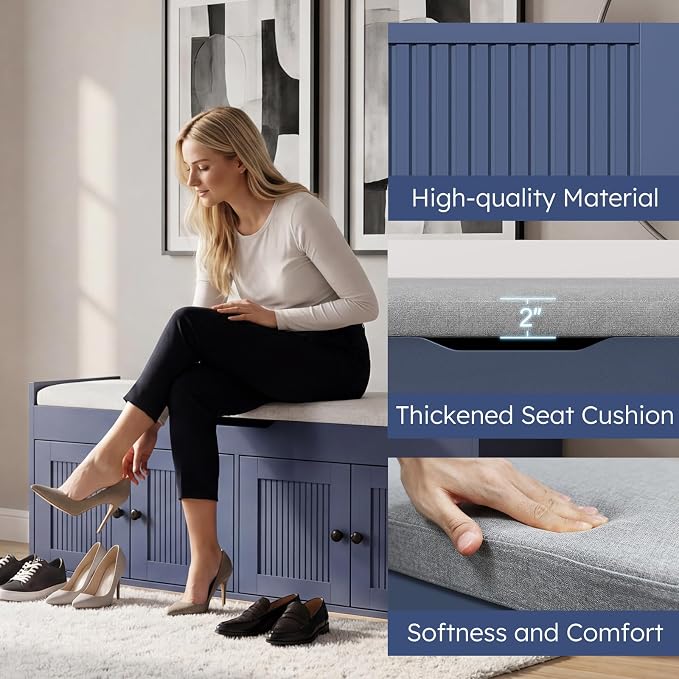 47.2" Storage Bench - Entryway Shoe Bench with 4 Doors and Top Storage Area, Multifunctional Entryway Bench with Lift Top Cushion, Shoe Storage Bench for Bedroom, Living Room, Navy Blue