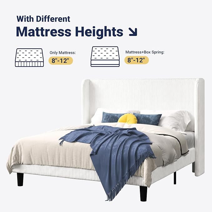 Allewie Queen Size Bed Frame with Upholstered Wingback Headboard, Vertical Channel Tufted Corduroy Velvet Platform Bed, Strong Wooden Slats Support, No Box Spring Needed, Easy Assembly, Sturdy, White