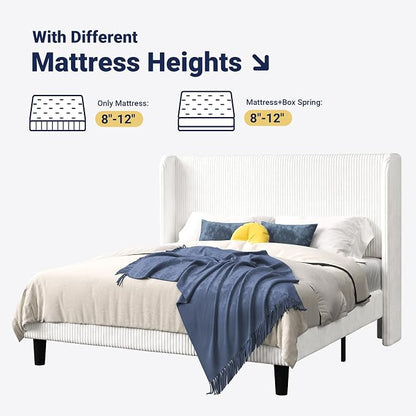 Allewie Queen Size Bed Frame with Upholstered Wingback Headboard, Vertical Channel Tufted Corduroy Velvet Platform Bed, Strong Wooden Slats Support, No Box Spring Needed, Easy Assembly, Sturdy, White