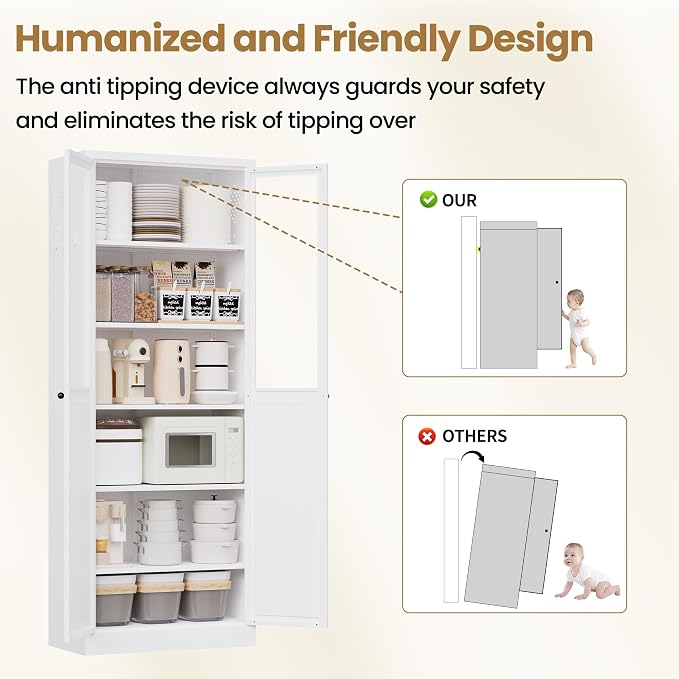 Kitchen Pantry Storage Cabinet, 72" H Storage Cabinet with Doors and Adjustable Shelves, Spacious Cupboard with 2 Handles, Metal Kitchen Cabinet for Dining Room, Living Room, White