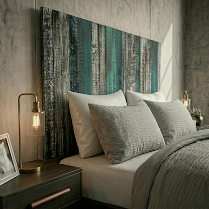 Barn Walls Wood Plank Headboard - King Size Urban Industrial Wall Mounted, Linear Color Overlay White Mint Turquoise & Pale Green on Black Barrel Deep Stain, Real Wood Accent