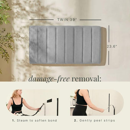 Hearth & Harbor Wall Mounted Twin Headboard Only, Bed Headboard Twin Size | Easy Assemble, Floating Peel and Stick, Upholstered, Channel Stitched, 3D Wall Panels, 5 Strips of 3M Tape Included, Silver