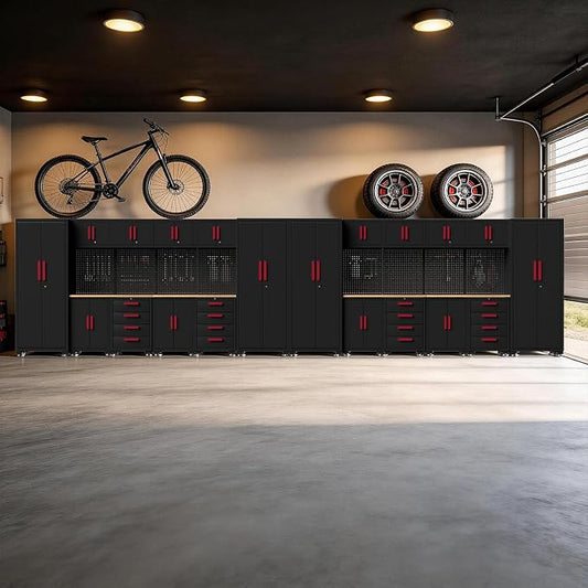 Garage Storage Cabinet System, 24PCS Garage Cabinets and Storage System Workshop Set with Red Cabinet, Cabinet Drawers, Workbench, Pegboard for Tool Organization,Red Handle