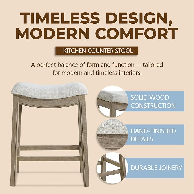 ROME + OAK Parker 26 Inch Counter Stool, Backless Saddle Kitchen Barstool in Reclaimed Oak Finish with Grey Fabric Upholstery Cushion Seat