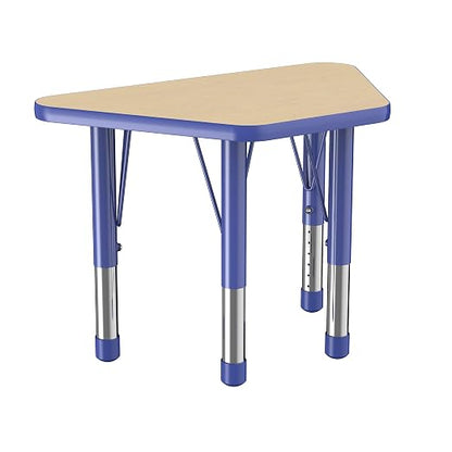 FDP Trapezoid Activity School and Classroom Kids Table (18 x 30 inch), Chunky Toddler Legs for Collaborative Seating Environments, Adjustable Height 15-24 inches - Maple Top and Blue Edge