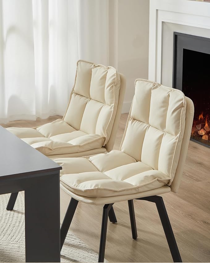 BedsPick 360° Swivel Dining Chair Set of 6 - Faux Leather Upholstered Kitchen Chair, Mid Century Modern Dining Room Chair with Metal Legs for Kithcen/Living Room/Reception/Office, Beige