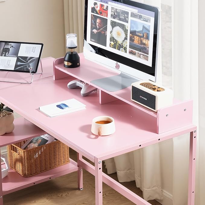 MINOSYS 47-inch Computer Desk with Storage Shelf - Ideal Gaming Desk for Bedrooms, Small Spaces, and Home Offices Modern Writing Desk for PCs,Pink Table.