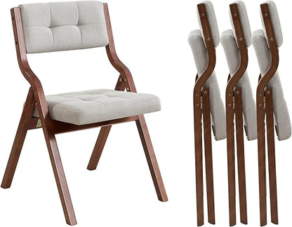 Folding Chairs with Cushion Set of 4,Padded Foldable Dining Chairs,Portable Wooden Folding Dining Chairs for Dining Room Kitchen Wedding Party Indoor Linen Walnut Lightgrey