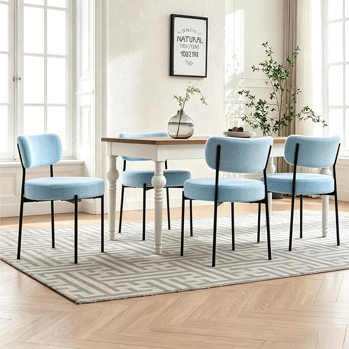 Boucle Dining Chairs Set of 2, Blue Mid Century Modern Kitchen Dining Room Chairs with Curved Backrest and Metal Frame, Round Upholstered Dining Chairs for Kitchen, Living Room
