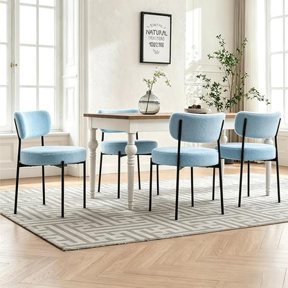 Boucle Dining Chairs Set of 2, Blue Mid Century Modern Kitchen Dining Room Chairs with Curved Backrest and Metal Frame, Round Upholstered Dining Chairs for Kitchen, Living Room