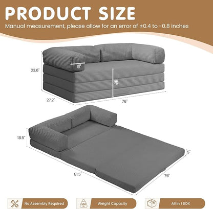 Convertible Sofa Bed King,5-in-1 Folding Boneless Couch Corduroy Futon Sofa Bed,Tri-Fold Mattress with Removable Armrests & Handle,Sleeper with Pull Out Bed for Small Space Living Room Bedroom