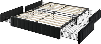 Allewie Queen Size Platform Bed Frame with 4 Large Storage Drawers, Velvet Vertical Channel Tufted Upholstered Bed Base, Wooden Slats Support, Noise-Free, No Box Spring Needed, Easy Assembly, Black