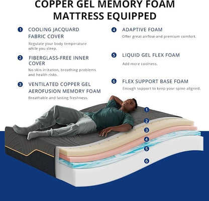 Dyonery Twin XL Adjustable Bed Base Frame with Wireless Remote + 14 Inch Copper Memory Foam Mattress Bed in a Box, Head and Foot Incline & Massage, Zero Gravity, Fiberglass Free, 80" × 38"