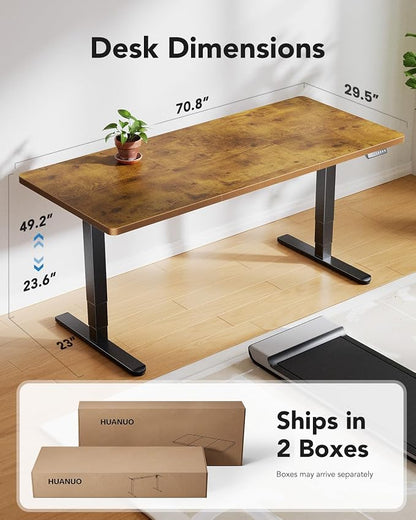 HUANUO 71x30 Inch 3-Stage Legs Electric Standing Desk,Large Height Adjustable Office Desk with Brushless Motor,Stand Up Desk with 4 Memory Presets & 2 Hooks,Computer Desk for Home Office,Vintage Brown