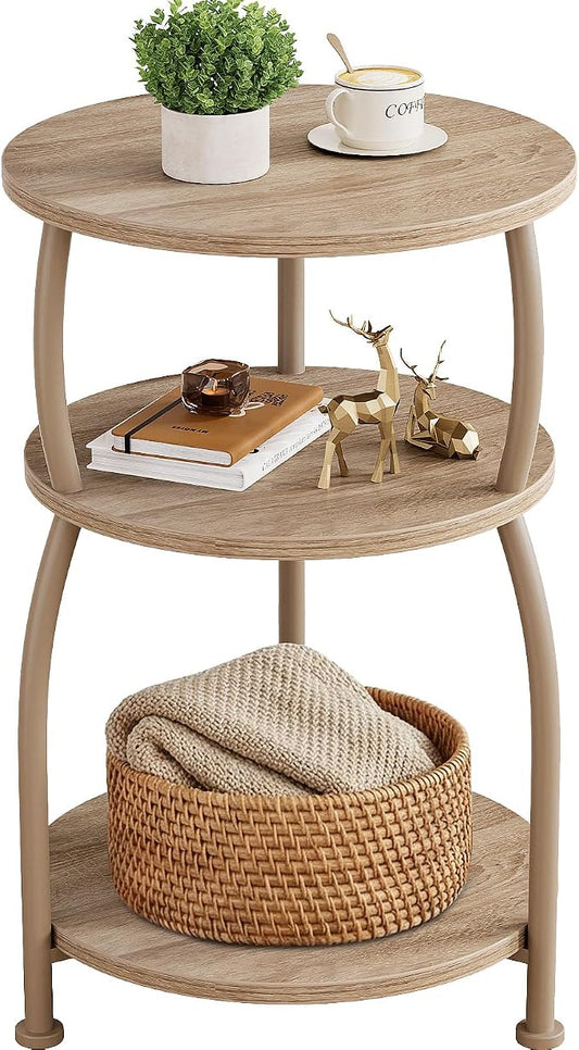 Round Side Table, 3-Tier End Table with Storage Shelf, 15.7" Wide Nightstand for Small Spaces, Tall Sofa Table Capable of Holding Laptops & Lamps, Bedside Table for Bedroom & Living Room, Oak