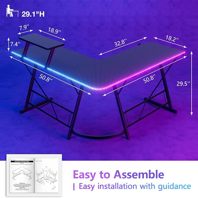 Mr IRONSTONE Gaming Desk with LED Lights, L Shaped Desk Corner with Cup Holder & Headphone Hook, Computer Desk Home Office Desks with Large Monitor Stand, Carbon Fiber Surface, Black 51 Inch