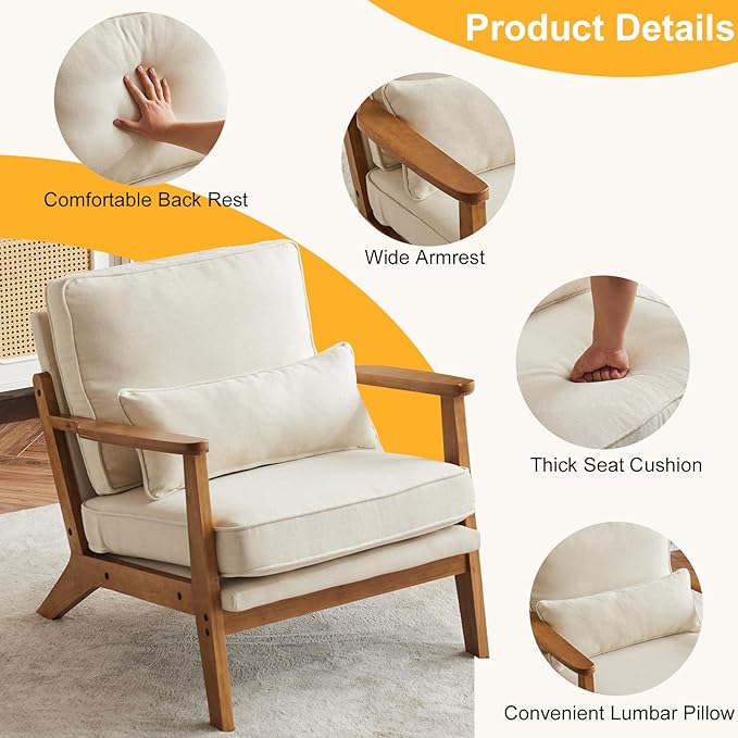 Karl home Mid-Century Lounge Accent Chair, Beige | Wide Curved Armrest, Linen Fabric, Lumbar Pillow Included, Solid Wood Frame, For Living Room, Bedroom, Balcony, Apartment
