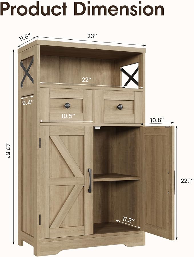 Natural Wood Farmhouse Storage Cabinet Set of 2, Small Kitchen Pantry Cabinet with Drawers and Adjustable Shelves, Sideboard Buffet Coffee Bar Cabinet for Living Room/Dining Room/Bathroom/Home Office